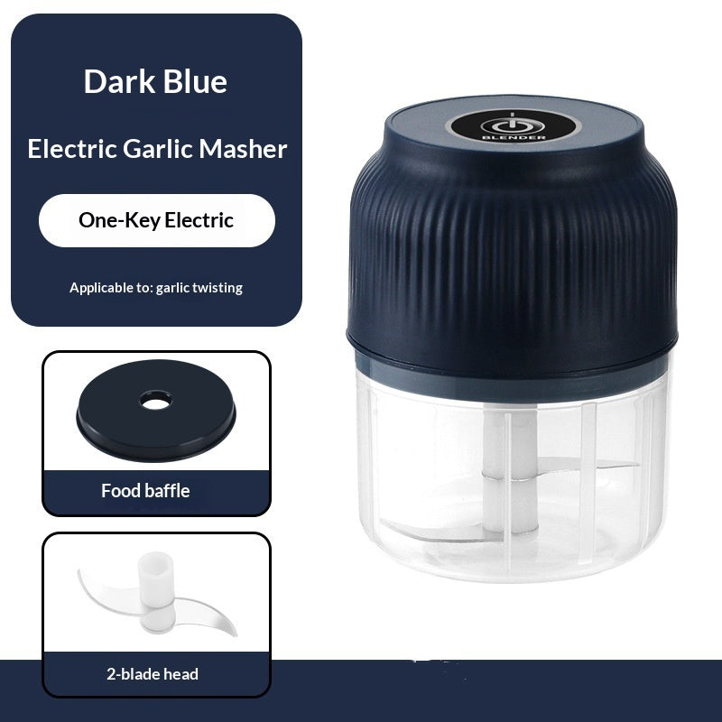 Electric Garlic Chopper in dark blue color, featuring one-key operation and two-blade head for efficient chopping.