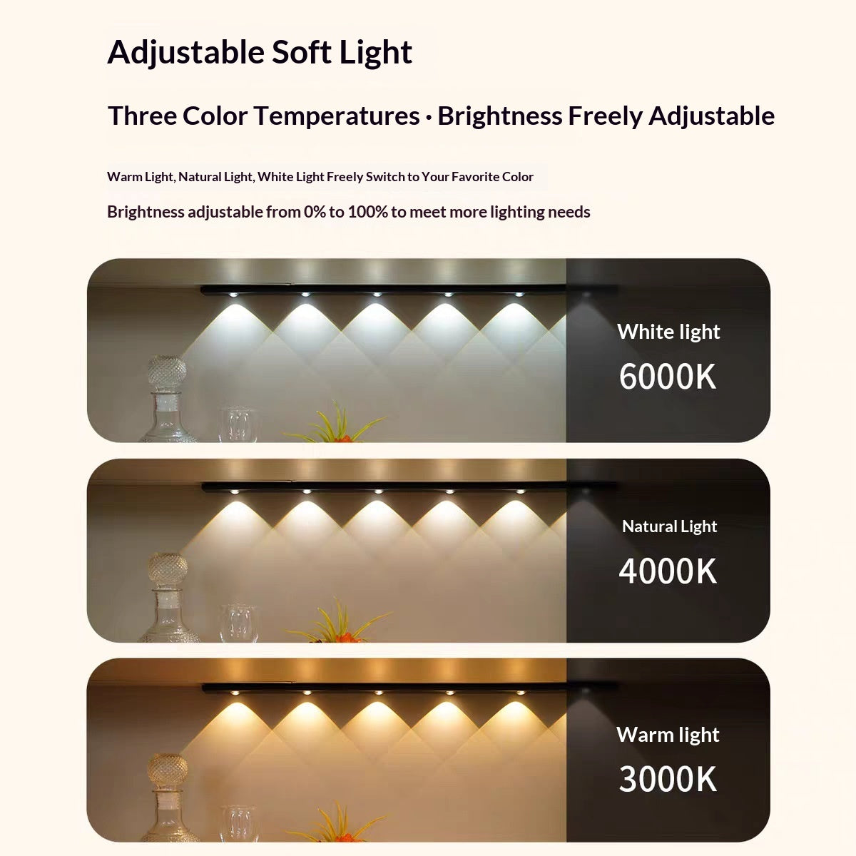 Smart LED Motion-Sensor Cabinet Light Strip with adjustable soft light and three color temperatures.