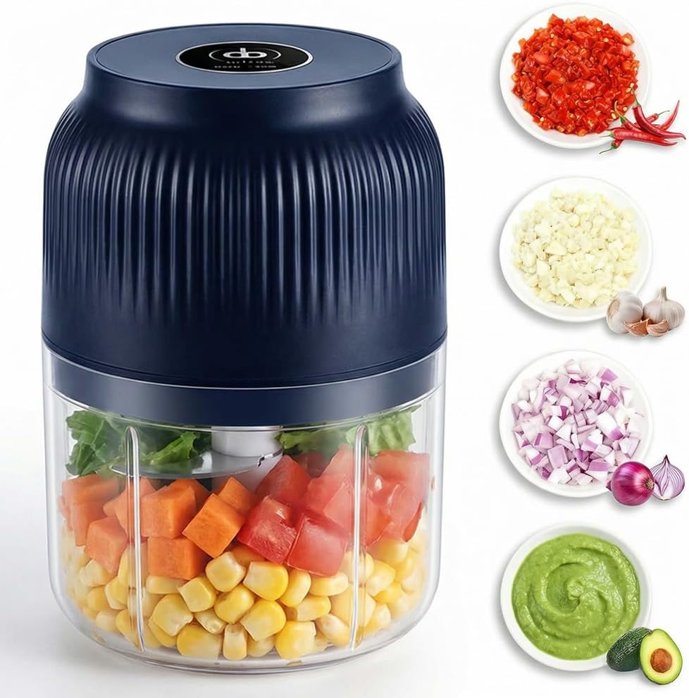 Electric Garlic Chopper – Mini Portable Food Processor with chopped vegetables and dips