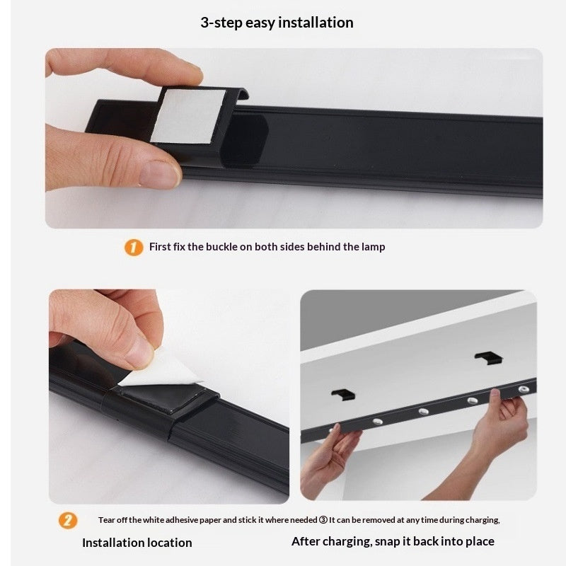 Installation process for Smart LED Motion-Sensor Cabinet Light Strip showing 3 easy steps.