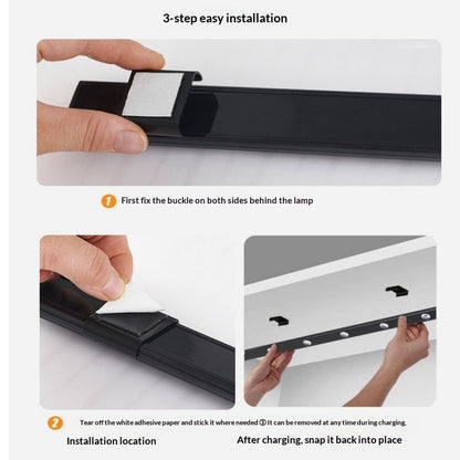 Installation process for Smart LED Motion-Sensor Cabinet Light Strip showing 3 easy steps.