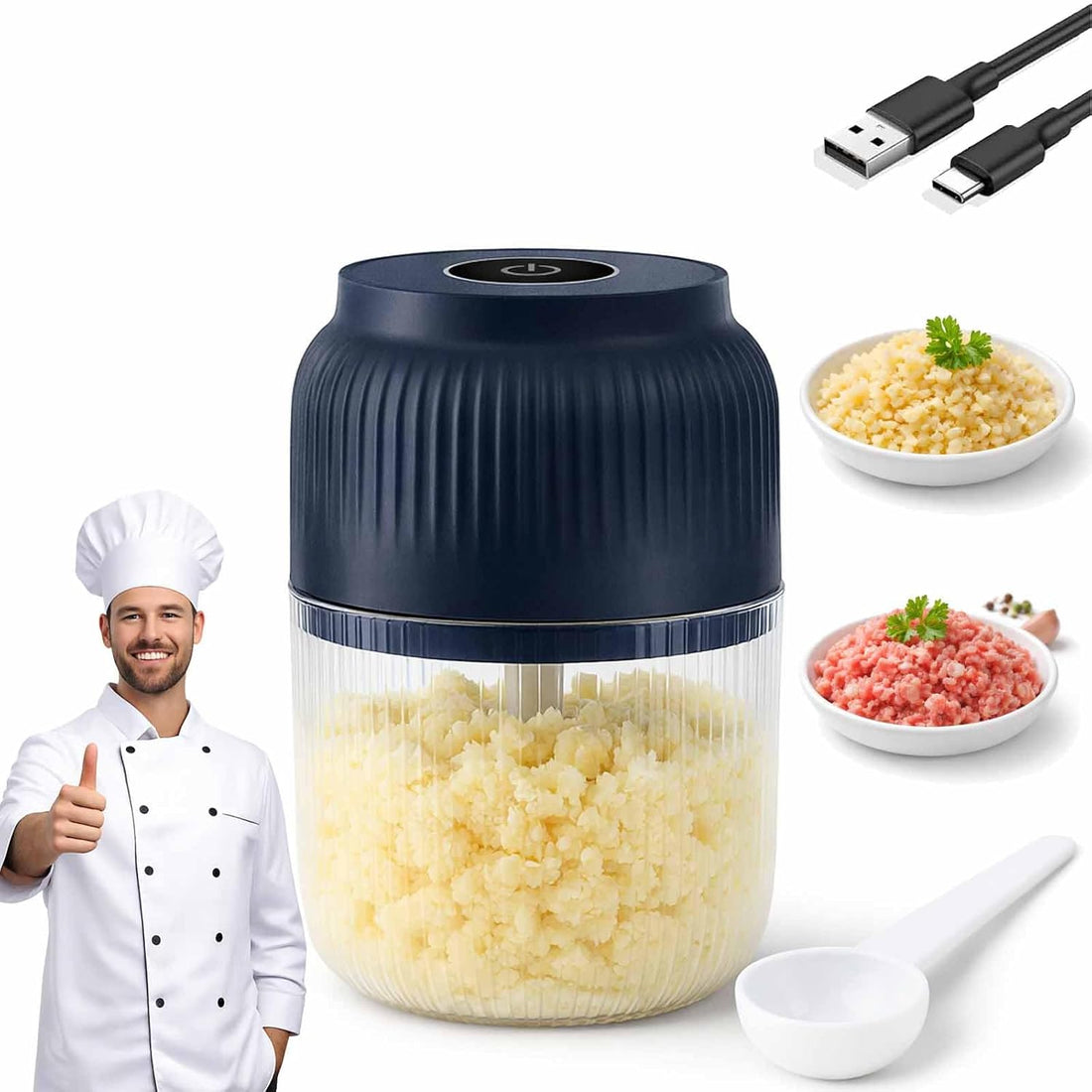 Electric Garlic Chopper shown with prepared ingredients, USB charge, and chef giving thumbs up.
