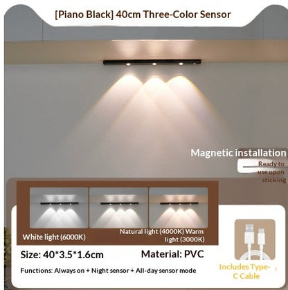 Smart LED Motion-Sensor Cabinet Light Strip in black showcasing three color options and installation details.