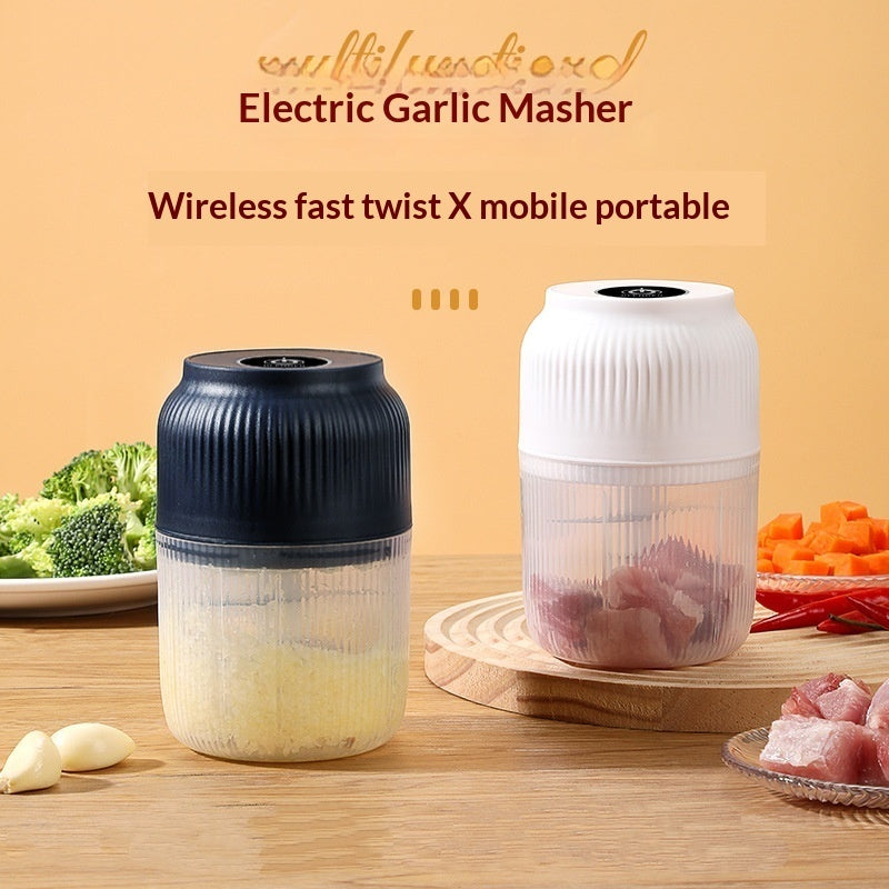 Electric Garlic Chopper - Mini Portable Food Processor with black and white design, perfect for quick food prep.