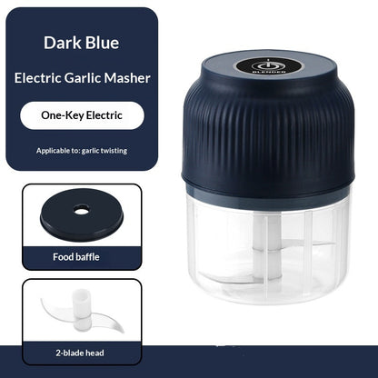 Electric Garlic Chopper in dark blue color, featuring one-key operation and two-blade head for efficient chopping.